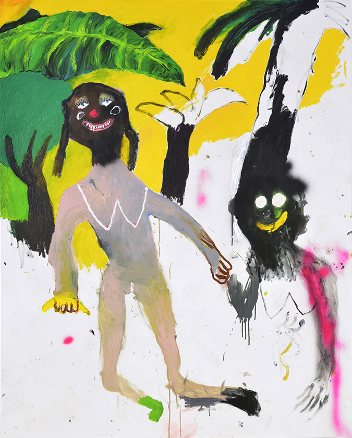 Bel Fullana – TARZANA BLACK MASK. Oil, spray and collage on canvas. 162 x 130 cm. 2018