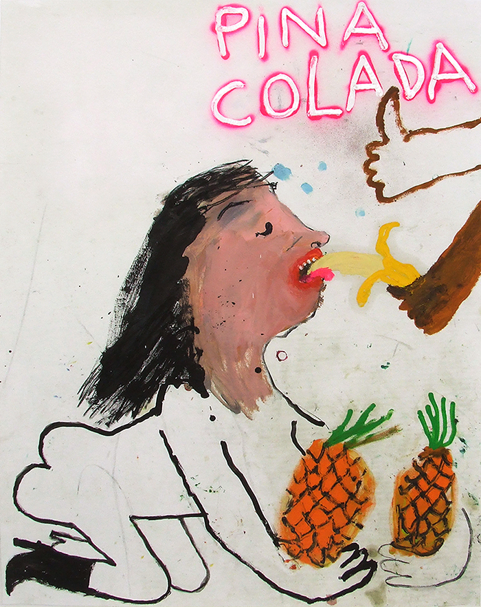 Bel Fullana – PIÑA COLADA (Sex on the beach). Oil, charcoal and spray on paper. 90 x 70 cm. 2016