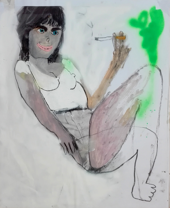 Bel Fullana – FUMANDO ESPERO. Oil, charcoal, spray and digital printing on paper. 84 x 72 cm. 2015.