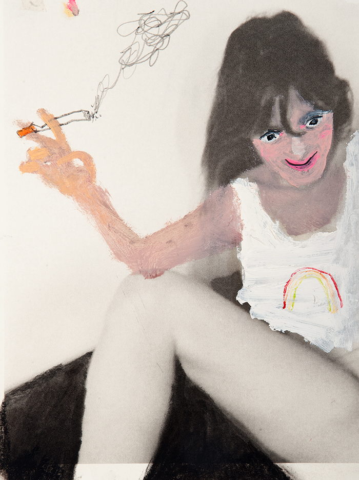 Bel Fullana – SMOKING PUSSY. Oil, pencil, charcoal and digital printing on paper. 28’3 x 21 cm. 2015