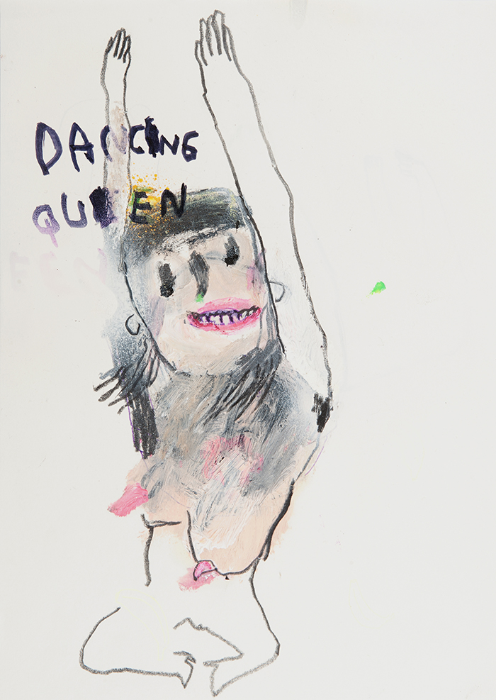 Bel Fullana – DANCING QUEEN. Oil, pencil, marker pen and spray on paper. 28’3 x 20 cm. 2015