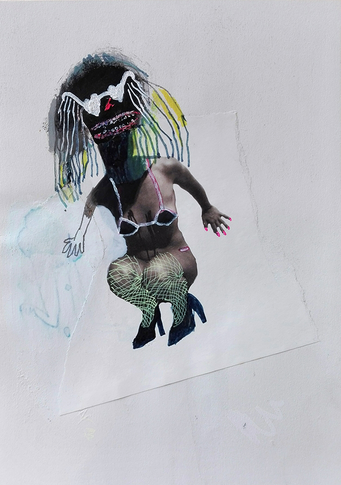 Bel Fullana – FLASHDANCE A MEDIANOCHE. Oil, pencil, pen, marker pen and collage on paper. 28’3 x 21 cm. 2015