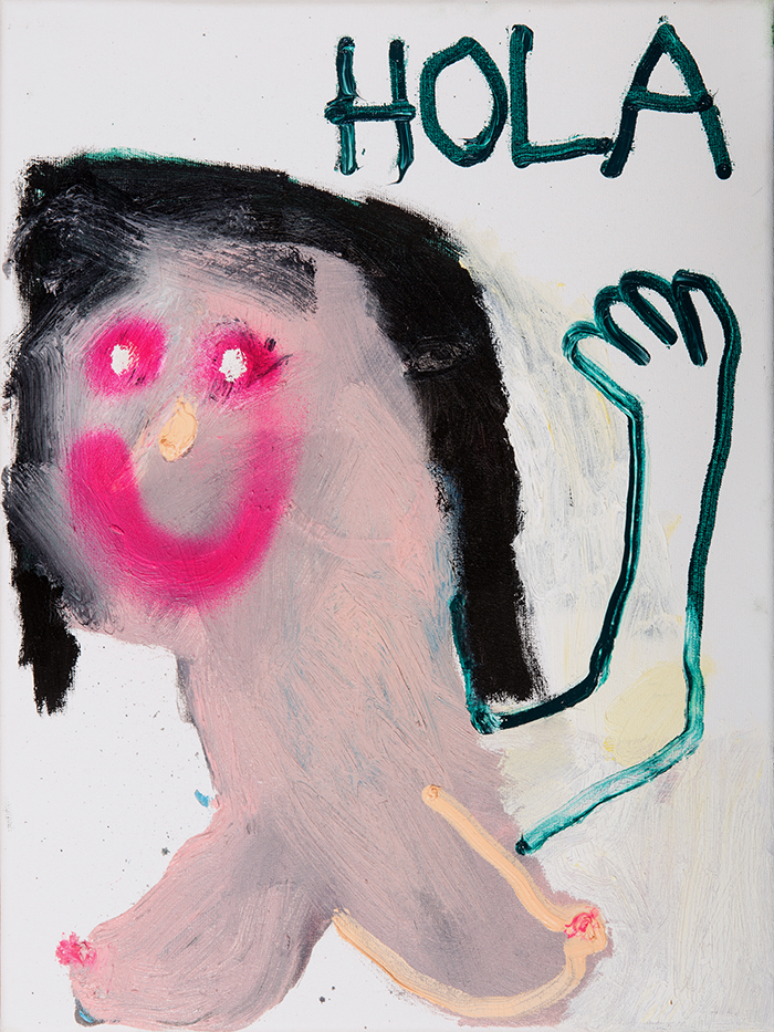 Bel Fullana – HOLA QUERIDOS!. Oil and spray on canvas. 40 x 30 cm. 2018
