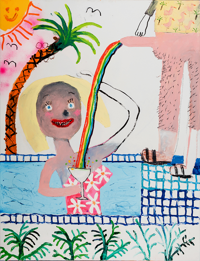 Bel Fullana – MAMADING IN THE SWIMMING POOL. Oil, charcoal and spray on canvas. 116 x 81 cm. 2016