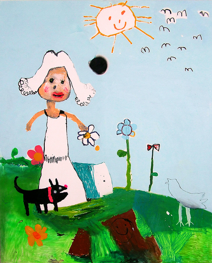 Bel Fullana – MI MADRE RECOGIENDO FLORES EN FORAVILA AQUEL DOMINGO DE ENERO QUE YO TENÍA RESACA. Oil, acrylic, charcoal, marker pen and spray on canvas. 162 x 130 cm. 2015