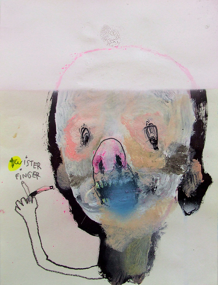 Bel Fullana – TWISTER FINGER. Oil, acrylic, pencil and spray on paper. 28’3 x 21 cm. 2014