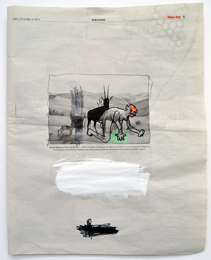Bel Fullana – HOJA DE PERIÓDICO QUE PINTÉ MIENTRAS HABLABA POR TELÉFONO. Acrilic, marker pen and pen on newspaper.42 x 28’5. 2013