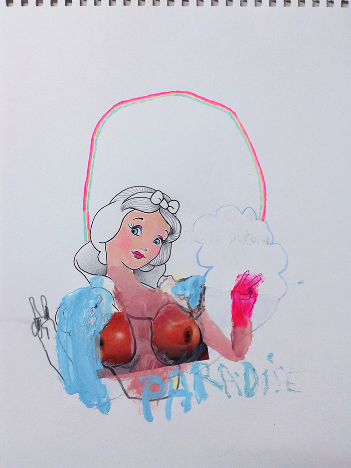 Bel Fullana – BLANCA NIEVES SILICONA PARADISE. Acrylic, pen, pencil and collage on paper. 29’7 x 21 cm. 2013
